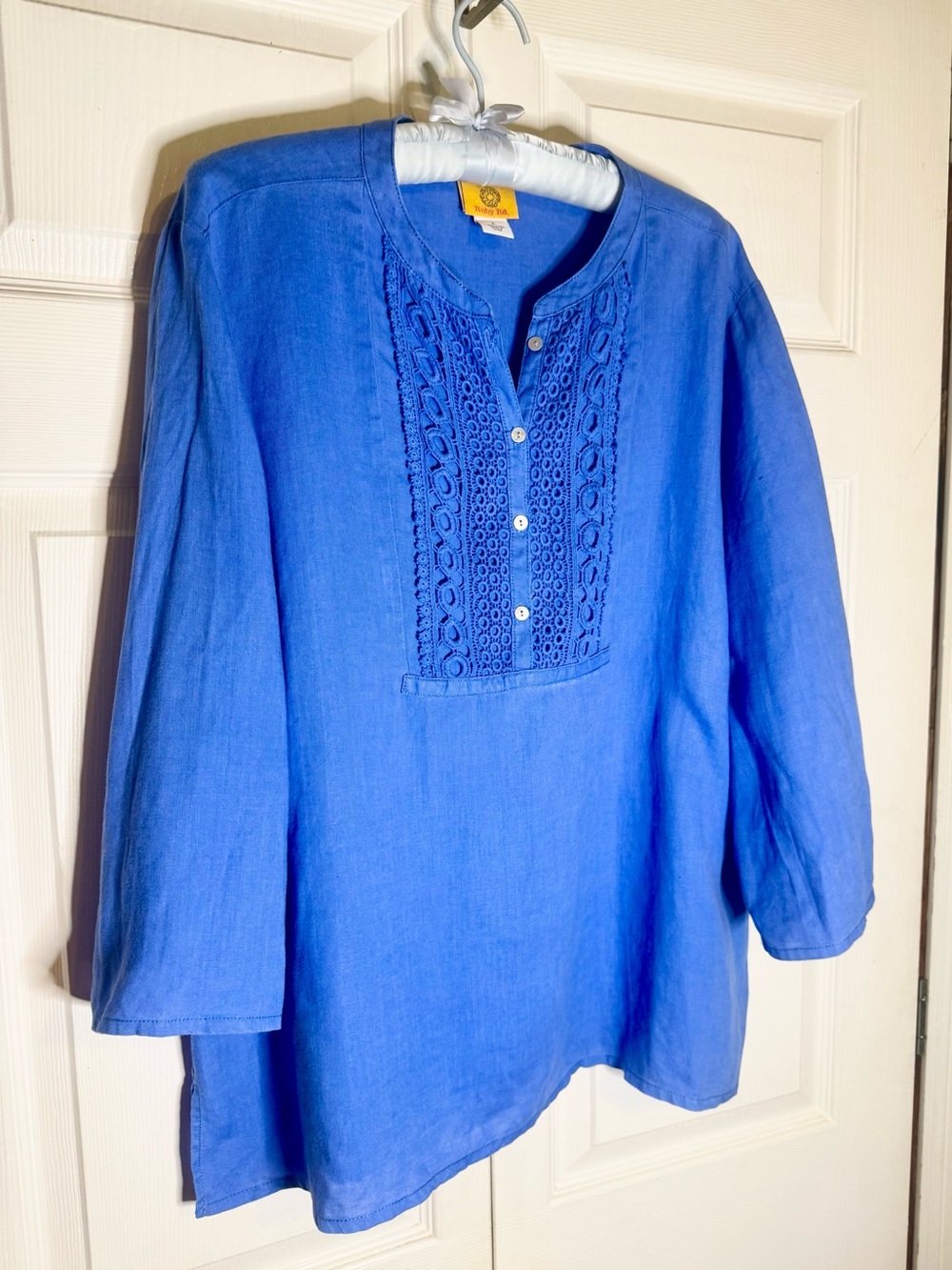 RUBY RD Royal Blue Linen Tunic Top Crochet 1/2 Button size L NWOT